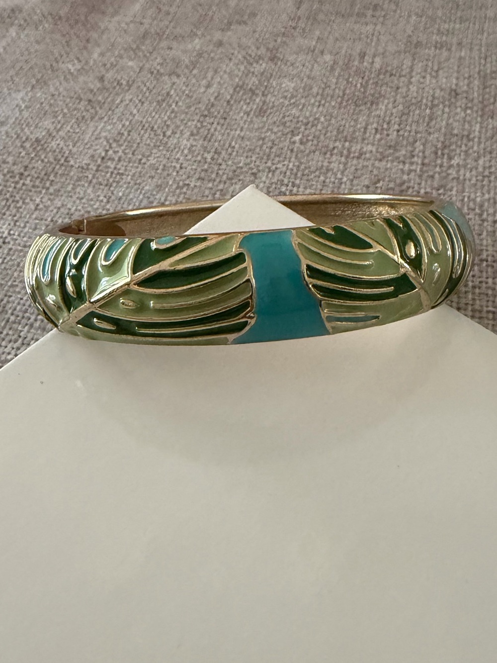Sequin Tropical Palm Leaf Enamel Clamper Bracelet Blue Green Gold Hinged Bangle